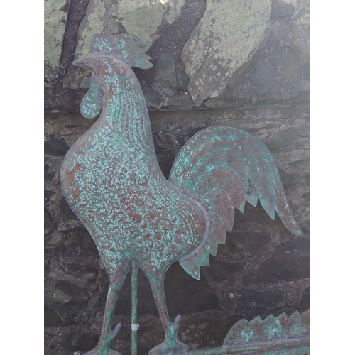 176 - A striking copper wind vane with wonderful patina.  Cockerel measures 70cm approx.  Base part 47cm w... 