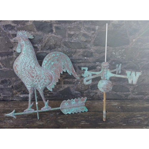 176 - A striking copper wind vane with wonderful patina.  Cockerel measures 70cm approx.  Base part 47cm w... 