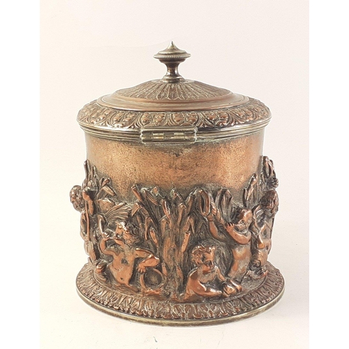 177 - An over-polished copper biscuit barrel standing almost 20cm high with design of cherubs and fish#177... 