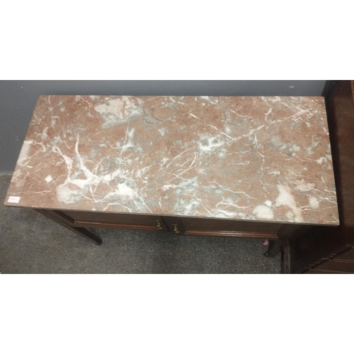 263A - Pink marble topped console table on castors. W:107cm  D: 46cm H: 80cm approx#263