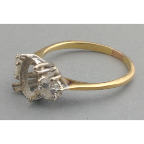 3 - An unmarked yellow metal ring mount with missing centre stone.  The two side stones each approx 3mm ... 