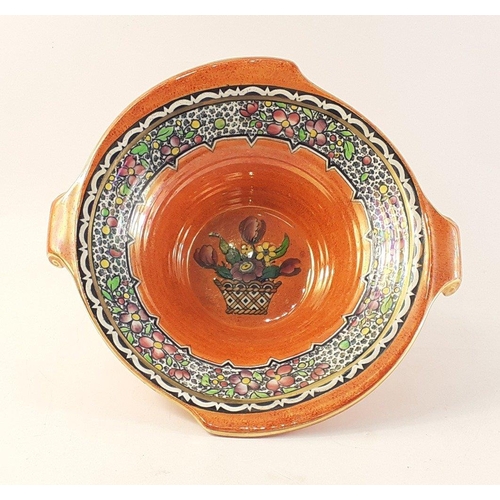 372 - Stylish NEW HALL BOUMIER WARE colourful fruit and gilt fruit bowl. 26cm across approx.#372