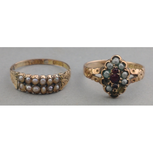 42 - Two vintage 375 stamped rings both with seed pearls inset, one seed pearl missing from one of the ri... 