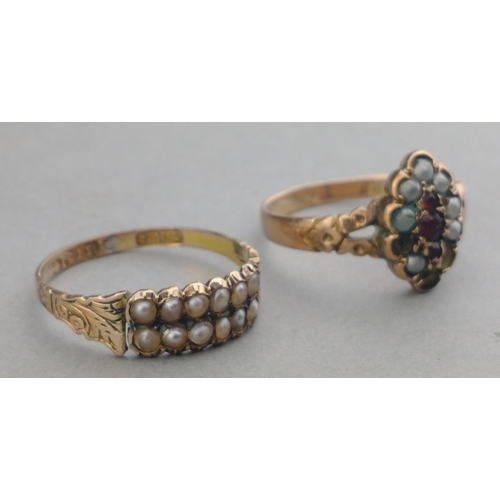 42 - Two vintage 375 stamped rings both with seed pearls inset, one seed pearl missing from one of the ri... 