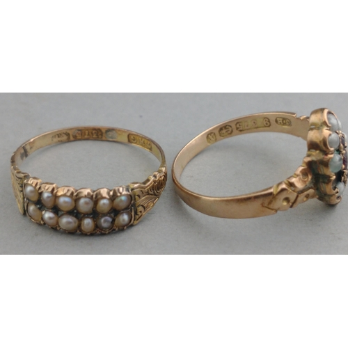 42 - Two vintage 375 stamped rings both with seed pearls inset, one seed pearl missing from one of the ri... 