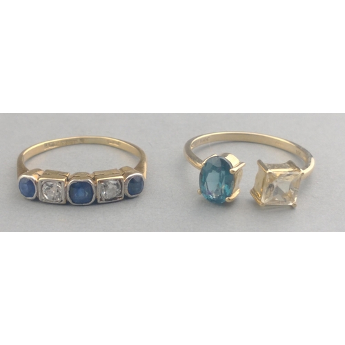 51 - A 10k stamped ring size O with blue and white stones gross weight 1.74g approx with also an indistin... 