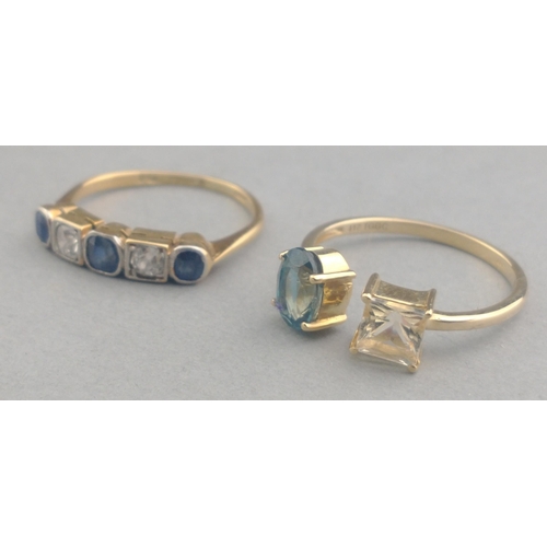 51 - A 10k stamped ring size O with blue and white stones gross weight 1.74g approx with also an indistin... 