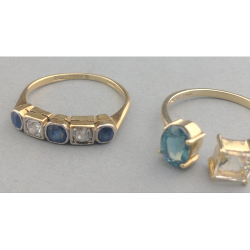 51 - A 10k stamped ring size O with blue and white stones gross weight 1.74g approx with also an indistin... 