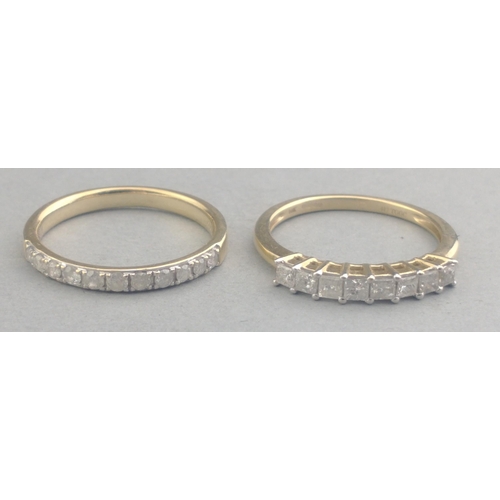 52 - Two DIAMOND HALF ETERNITY rings studded with diamonds (tested) 10k and 375 stamped size O, gross wei... 