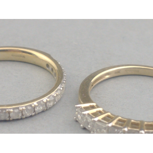 52 - Two DIAMOND HALF ETERNITY rings studded with diamonds (tested) 10k and 375 stamped size O, gross wei... 