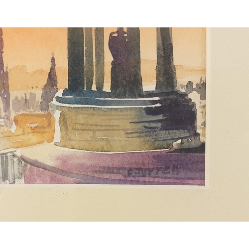 524 - A watercolour painting by D DURRELL of sunset over Edinburgh.  Frame size 41 x31cm approx.  Visible ... 