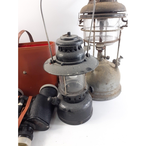 562 - Two TILLEY lamps plus one other and a box of heavily rusted keys also a pair of  7 x 50 TOHYOH binoc... 