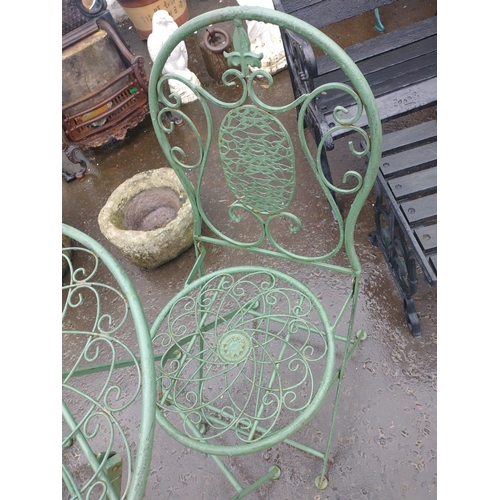 568 - Small metal garden table with 2 chairs in attractive green colour.  Table height approx 70cm#568