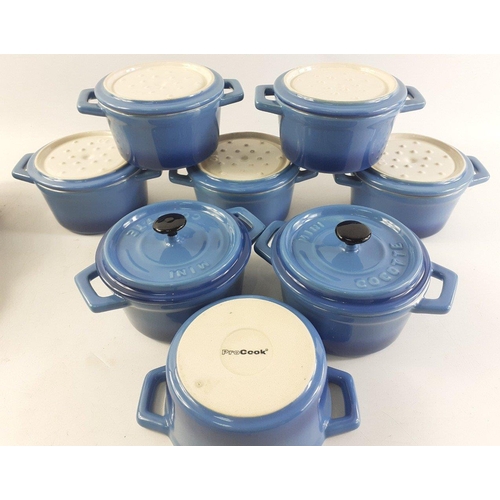 607 - Pro Cook MINI COCOTTE dishes x 8, one missing lid each 13.5cm approx.  With four LE CREUSET ramekins... 