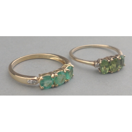 61 - Two 375 stamped PERIDOT triple stone rings both size O - both 3.30g total gross weight#61