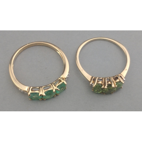 61 - Two 375 stamped PERIDOT triple stone rings both size O - both 3.30g total gross weight#61