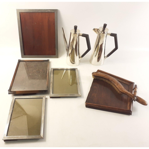 645 - Mixed lot to include two smart plated coffee pots each 21cm approx, a vintage crumb tray and brush a... 