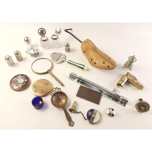 646 - A mixed lot of items of interest to include brass walking stick head, 3 powder cases, condiment set ... 