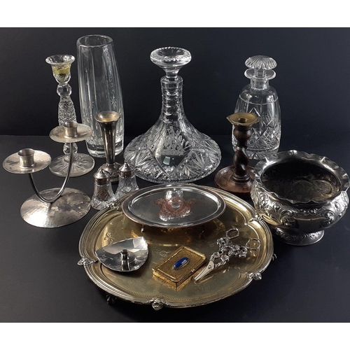 647 - Mixed lot to include silver plated tray 32cm, 11cm tall flower pot, large 26cm decanter with stopper... 