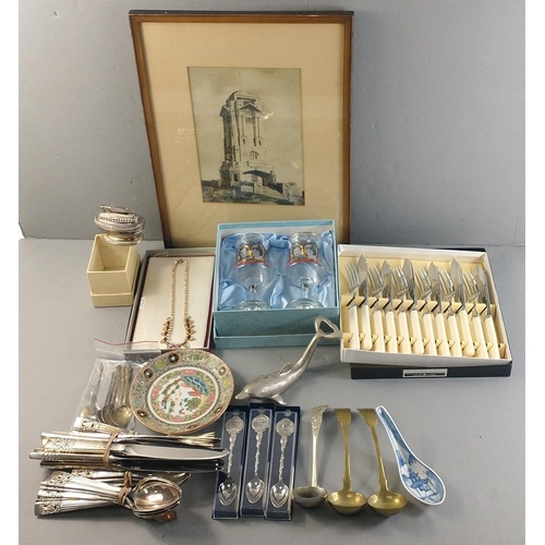 649 - A mixed lot to include a BRIGHT knife and fork set, bag of plated cutlery, 6 apostle spoons, commemo... 