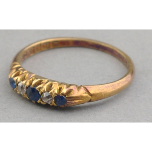 70 - Gold ring 18ct band with diamonds and three sapphires. Size N, gross weight 2.5g approx.#70