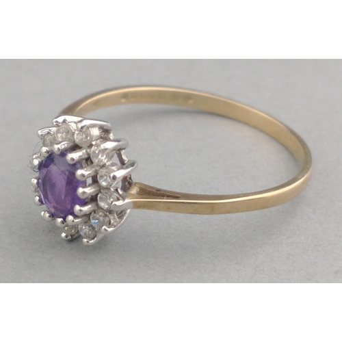 8 - A ladies dress ring stamped 375 and set with cubic zirconia and a central purple stone.  Size O. Gro... 