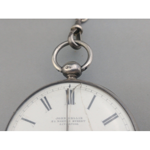 88 - UMMM Silver ?? A Gents fob watch by JOHN KELLIE of LIVERPOOL. Large 45mm faceglass cracked, winder m... 