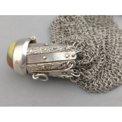 98 - A stunning piece. A small white metal ladies folding chatelaine purse with agate stone top. Lovely c... 