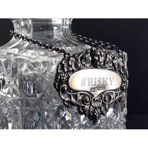 119 - Lovely proportioned crystal whisky decanter with silver whisky label weighs 11g approx. Decanter sta... 