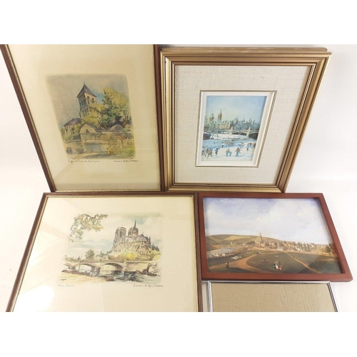 513 - Two lovely French picures, a print of Tweed Green PEEBLES and a number of handy unused small picture... 