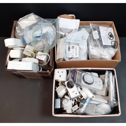 142 - Three boxes of electrical goods to include timers, sockets, extension cables, light bulbs etc#188... 