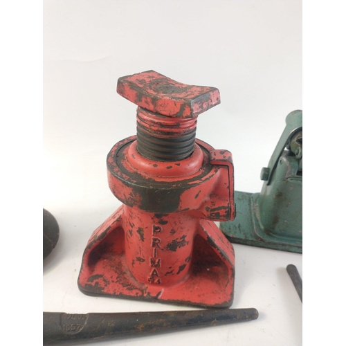 147 - A mixed lot containing three bottle jacks, hand starter etc.#193