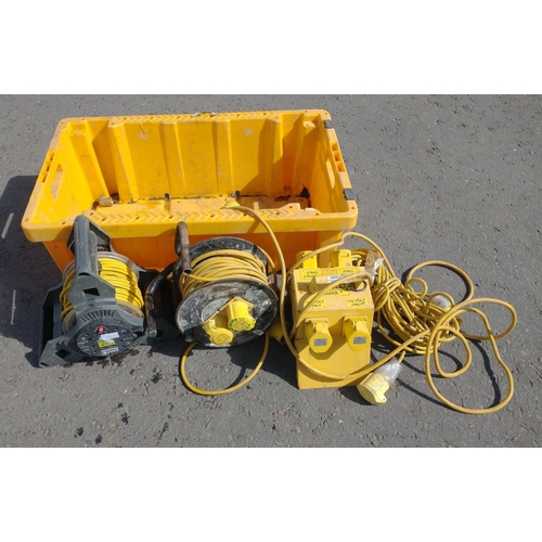 158 - Heavy duty yellow storage box with 2 x 110V extension cables and 110v to 110v relay#204