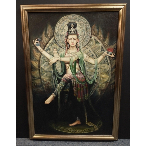 209 - Far Eastern canvas print of Eastern Mother Goddess.  Nice gilt frame.  Size 100cm x 68cm approx.#255... 