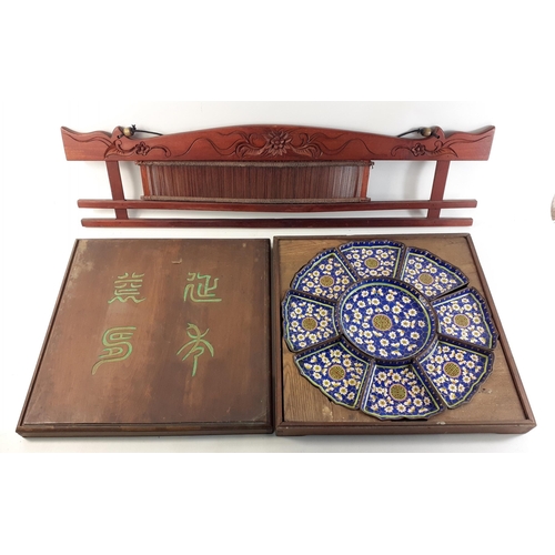 210 - A boxed Chinese enamel condiment tray within a wooden box 38 38cm approx. and also from Laos a decor... 