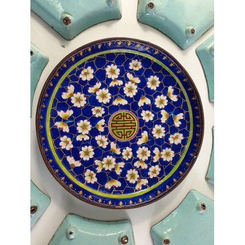 210 - A boxed Chinese enamel condiment tray within a wooden box 38 38cm approx. and also from Laos a decor... 