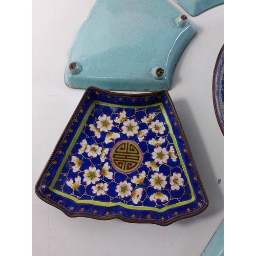 210 - A boxed Chinese enamel condiment tray within a wooden box 38 38cm approx. and also from Laos a decor... 