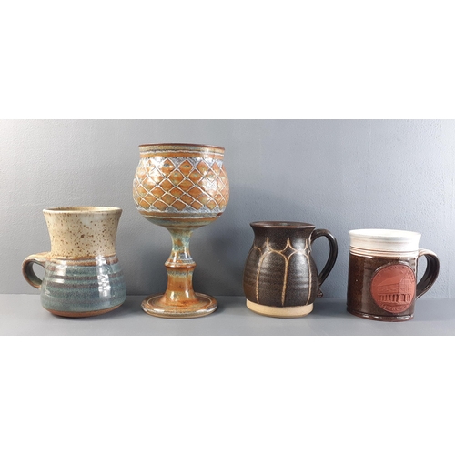 211 - Four lovely STONEWARE pottery items, to include ANVIL POTTERY goblet DERSINGHAM mug and two others. ... 