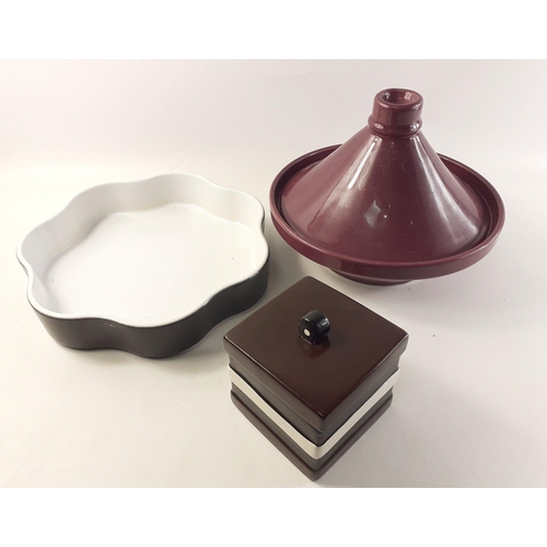 217 - A lidded TAJINE in deep purple by MASON CASH 28cm approx.  With a good quality French flan dish (min... 