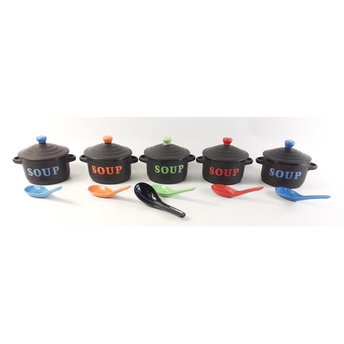 225 - Super part set of five lidded soup twin handled bowls. Nice bowls and lot includes six spoons. 10cm ... 