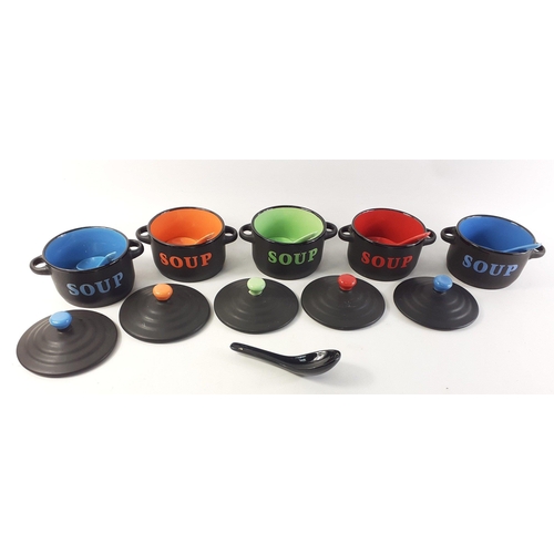 225 - Super part set of five lidded soup twin handled bowls. Nice bowls and lot includes six spoons. 10cm ... 