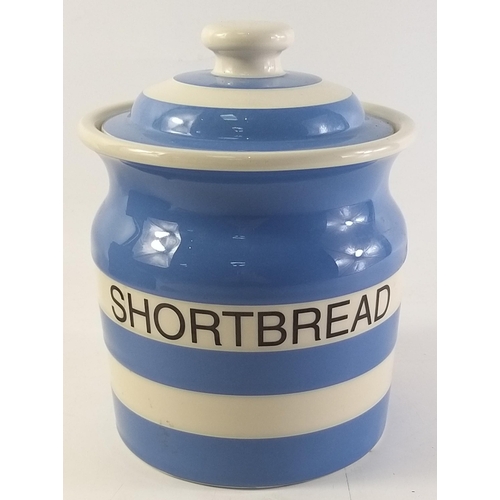 226 - CORNISH WARE blue and white SHORTBREAD biscuit barrel with lid.  Made for Jenners. 20cm tall approx.... 