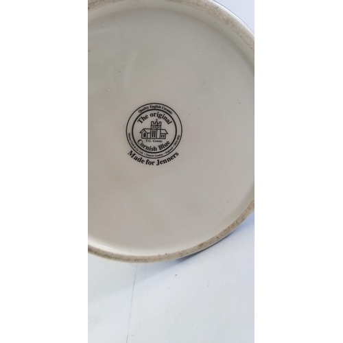 226 - CORNISH WARE blue and white SHORTBREAD biscuit barrel with lid.  Made for Jenners. 20cm tall approx.... 