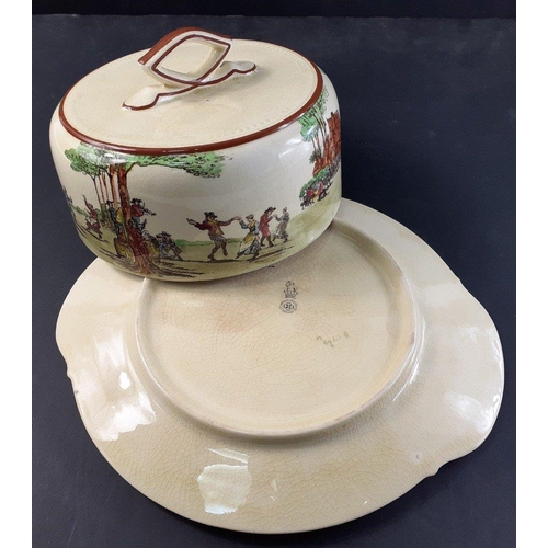 227 - An antique ROYAL DOULTON cheese / butter lidded dish with elaborate village scene decoration.  Age r... 