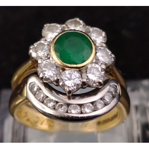 7 - A stacked pair of fully hallmarked 750 18k rings one with a lovely EMERALD surrounded by eight clean... 