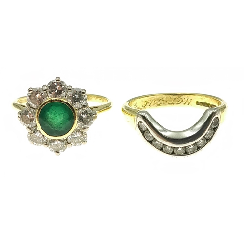 7 - A stacked pair of fully hallmarked 750 18k rings one with a lovely EMERALD surrounded by eight clean... 