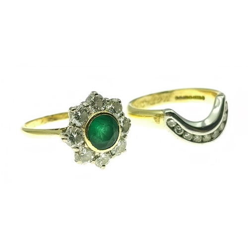 7 - A stacked pair of fully hallmarked 750 18k rings one with a lovely EMERALD surrounded by eight clean... 