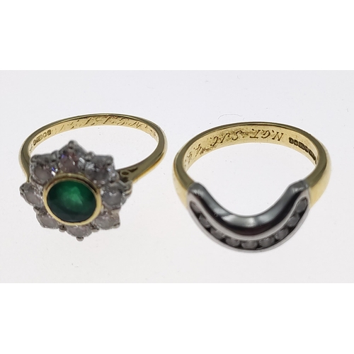 7 - A stacked pair of fully hallmarked 750 18k rings one with a lovely EMERALD surrounded by eight clean... 