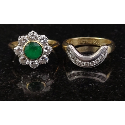 7 - A stacked pair of fully hallmarked 750 18k rings one with a lovely EMERALD surrounded by eight clean... 