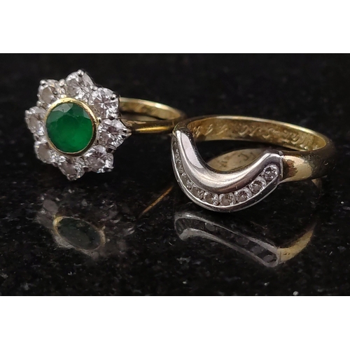 7 - A stacked pair of fully hallmarked 750 18k rings one with a lovely EMERALD surrounded by eight clean... 